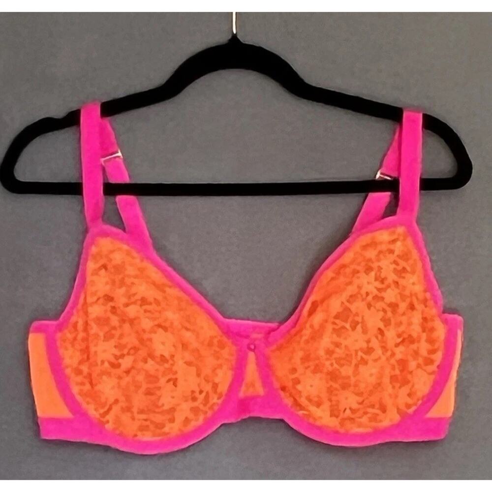 Cacique Unlined Demi Bra 40DDD Orange Pink Floral Lace Underwire Sexy Feminine - Picture 2 of 10